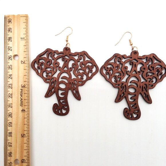Elephant Earrings Cut Wood Bohemian Large Hollow Dangle Boho Carved Hippie Trend - Picture 3 of 3